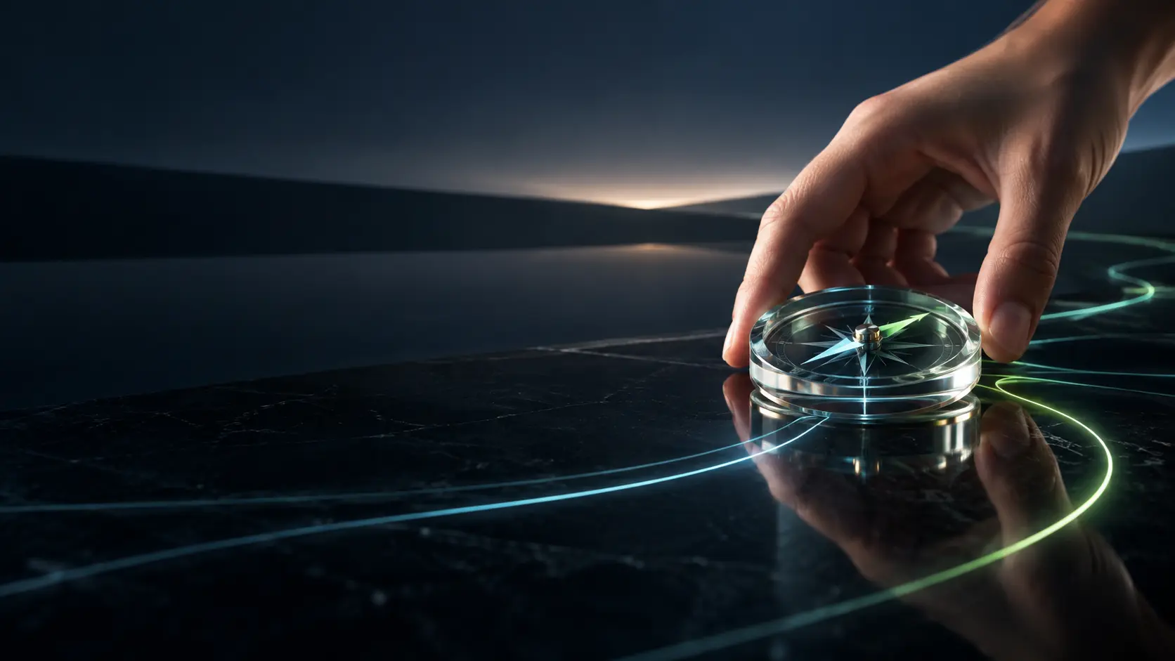 Une boussole transparente orientée par une main, métaphore de la responsabilité technologique
